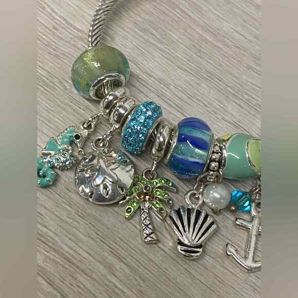 European Style Charm Bracelet Ocean Seahorse Martini Shell Blue Glass - Picture 4 of 5